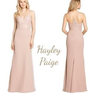 Hayley Paige Occasions Dusty Rose Evening Party Event Maxi Dress NWT Size 12